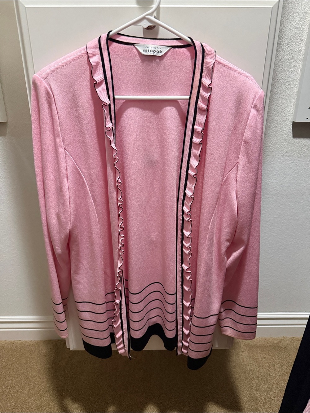 Misook Pink Open-Front Cardigan with Black Trim and Ruffle